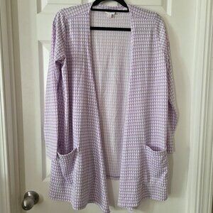 LuLaRoe Caroline Cardigan Purple & White Geometric with Pockets Medium